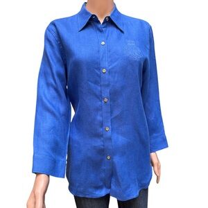 Lauren Ralph Lauren Blue Linen Button Down Shirt Notched Collar 3/4 sleeves L